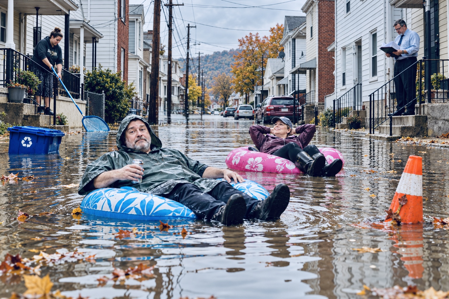 Residents float in inflatable tubes on a flooded residential street while a neighbor uses a pool skimmer and a man reviews paperwork on a stoop