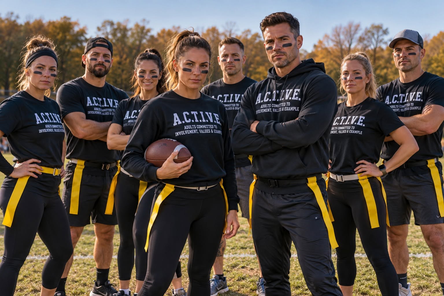 A.C.T.I.V.E. flag football team wearing black shirts and yellow flags on an autumn field.