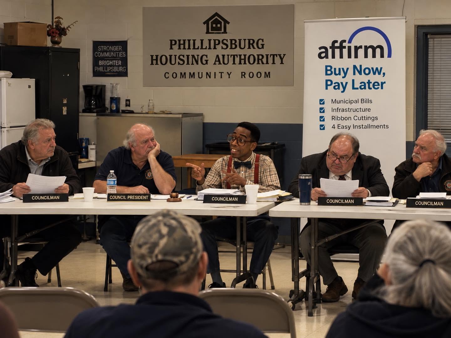 Satirical council meeting scene with an Affirm Buy Now, Pay Later banner offering four installments for municipal bills.