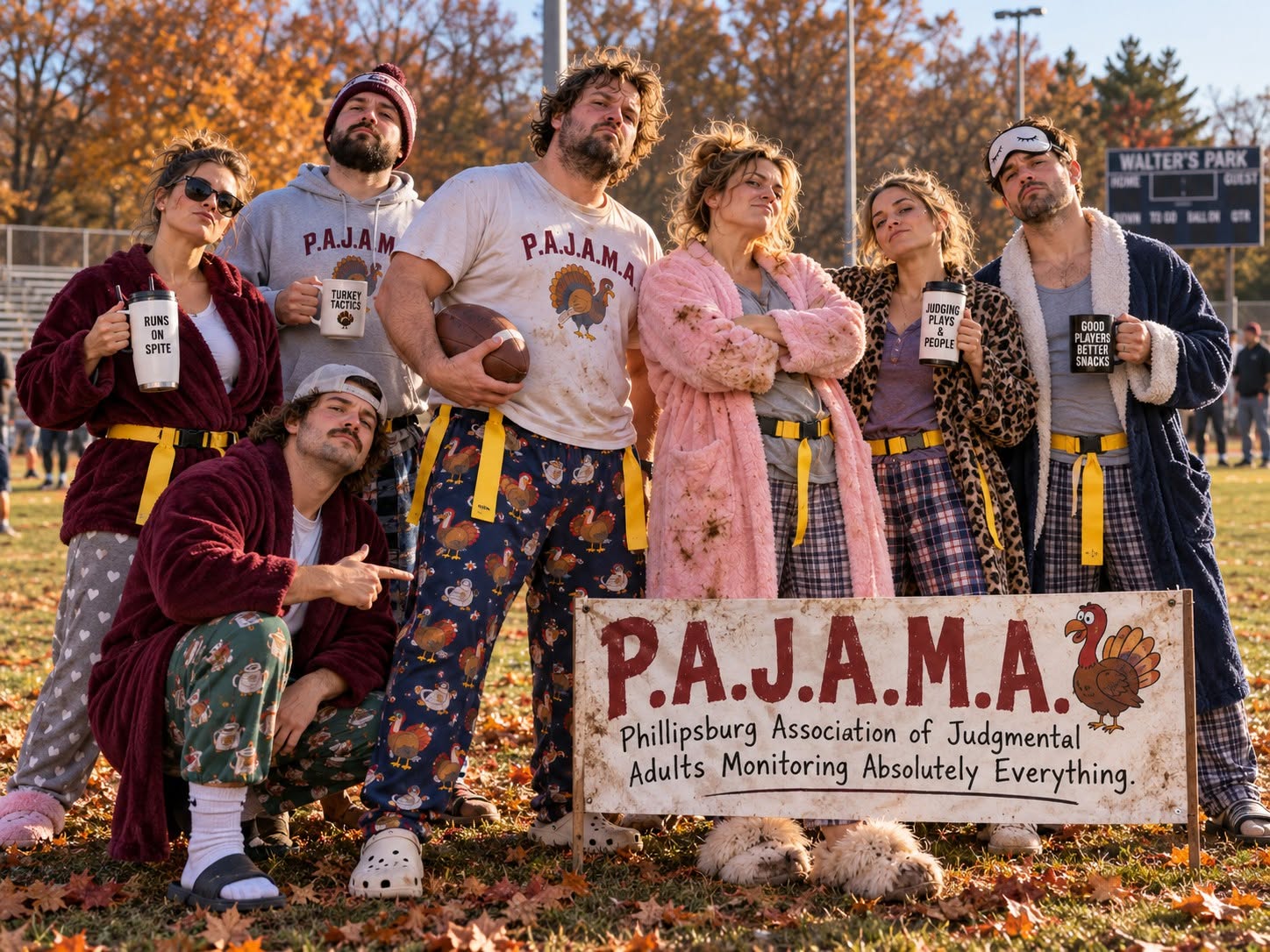 P.A.J.A.M.A. flag football team wearing pajamas and robes with yellow flags, holding mugs beside their team sign.