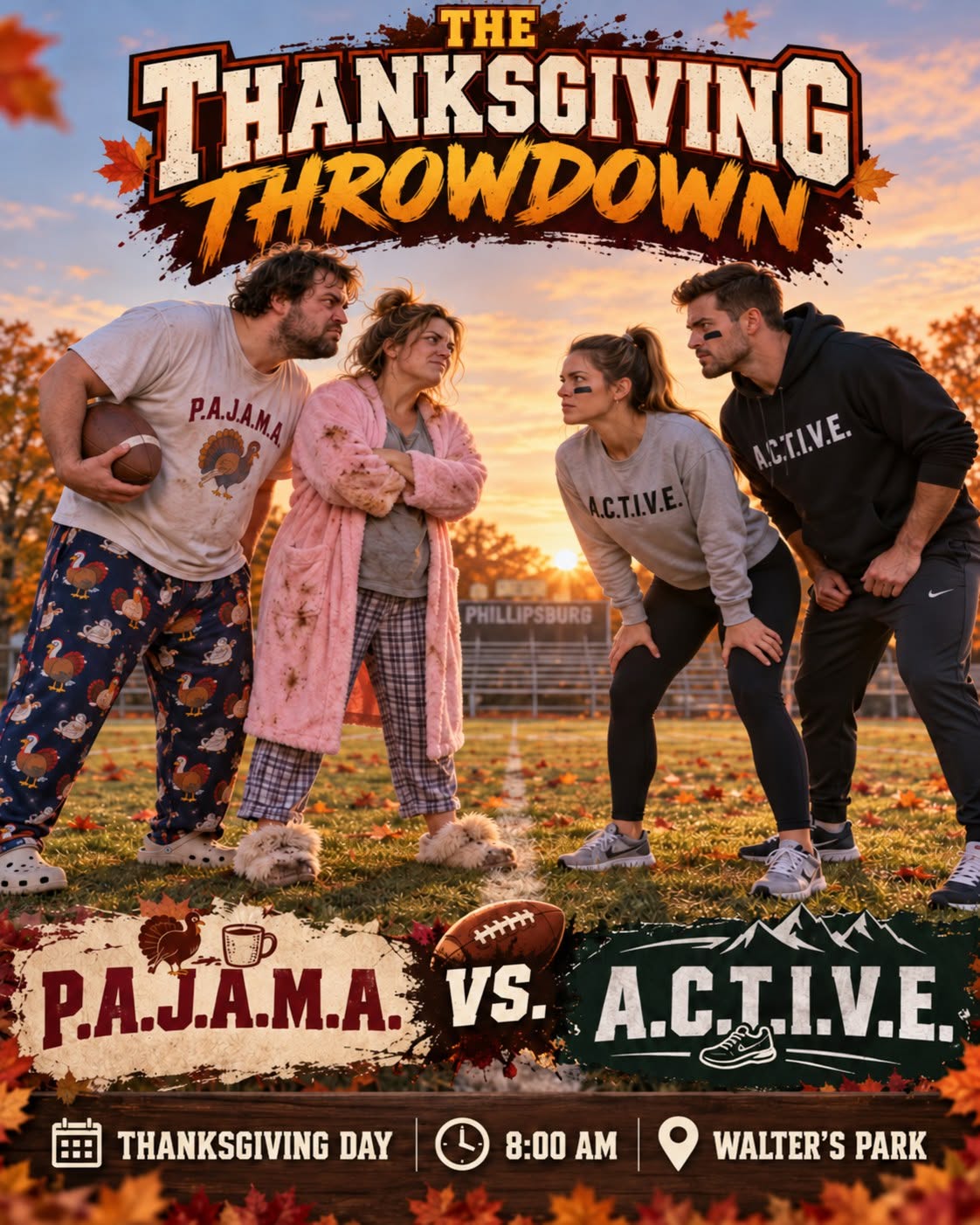 Thanksgiving Throwdown poster showing P.A.J.A.M.A. and A.C.T.I.V.E. parents facing off on a football field.