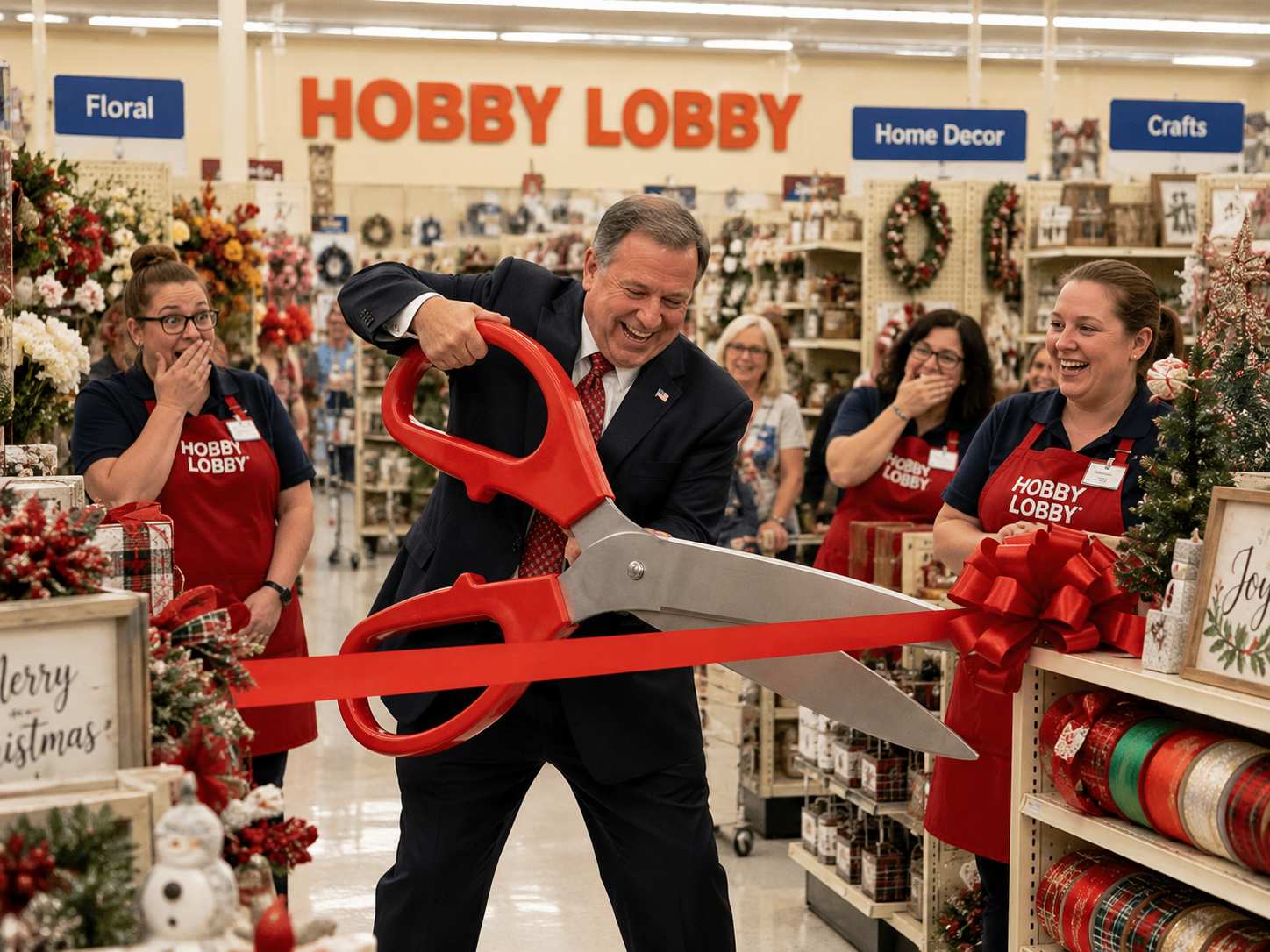 Satirical scene of the mayor holding oversized ceremonial scissors among ribbons in a Hobby Lobby store.