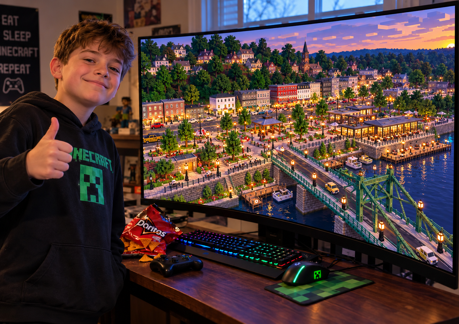 Child giving a thumbs-up beside a large monitor displaying a Minecraft recreation of Union Square.