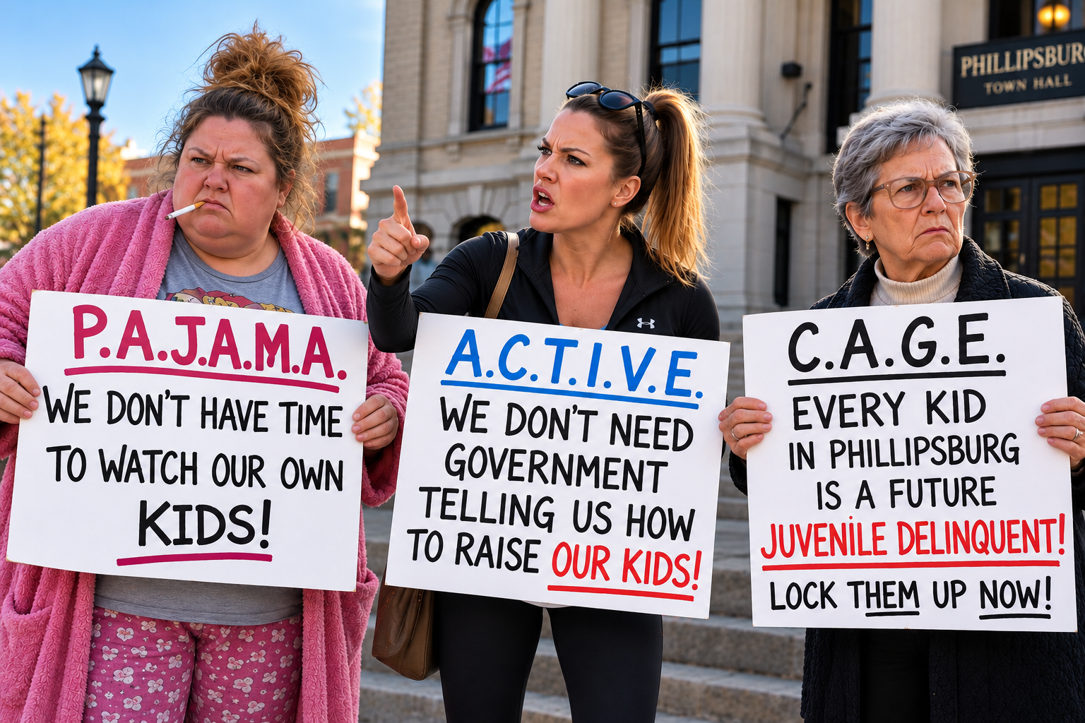 Three groups holding competing parental responsibility protest signs outside Phillipsburg Town Hall.