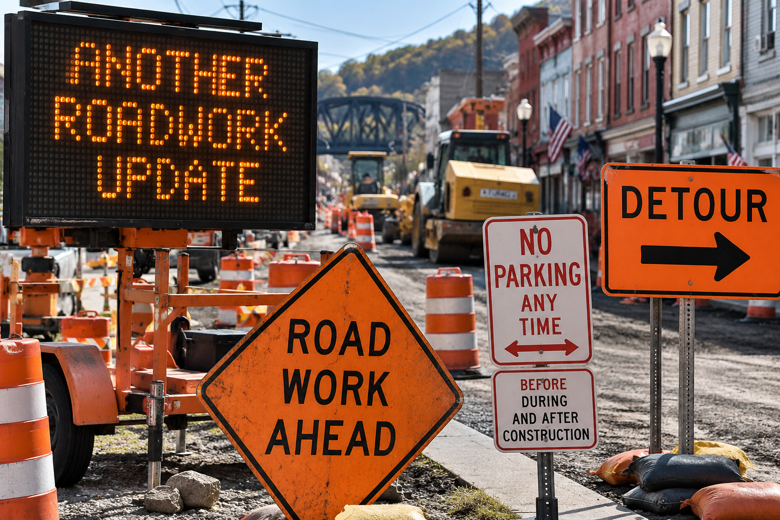 Small-town roadwork signs and construction notices lining a Phillipsburg street.