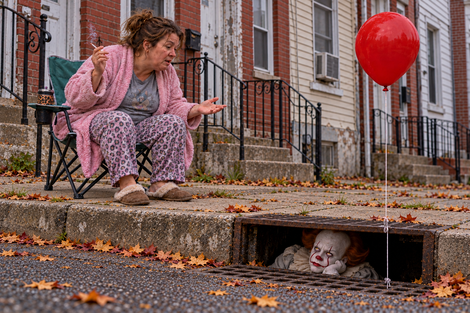 Debra McBitchley sits smoking in a folding chair beside Pennywise in a storm drain beneath a red balloon.