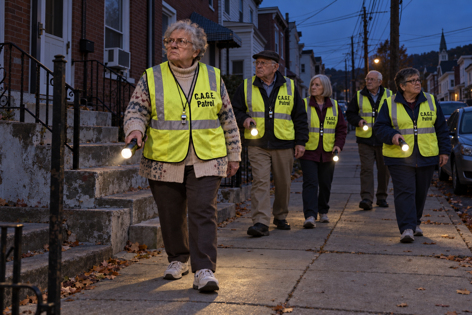 Dolores Grudgewick leads elderly C.A.G.E. patrol members carrying flashlights on a dim Phillipsburg sidewalk.