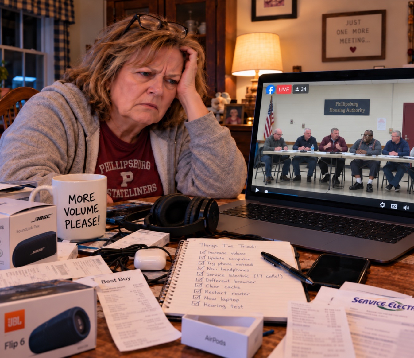 Satirical image of a frustrated woman watching a council livestream on a laptop beside audio equipment and receipts