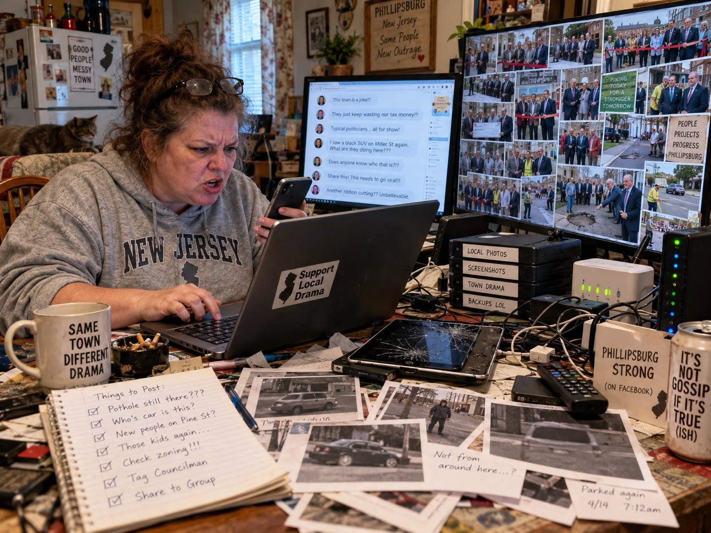A resident juggles a phone and laptop beside screens filled with local Facebook arguments and staged political photographs.