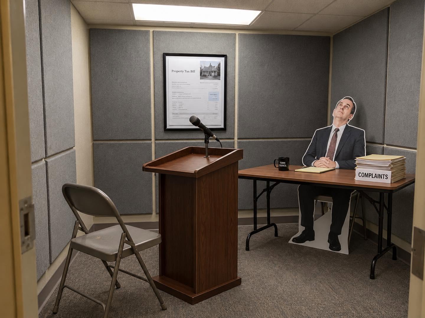 Satirical soundproof public-comment room with a podium, folding chair, cardboard council member and complaints stack